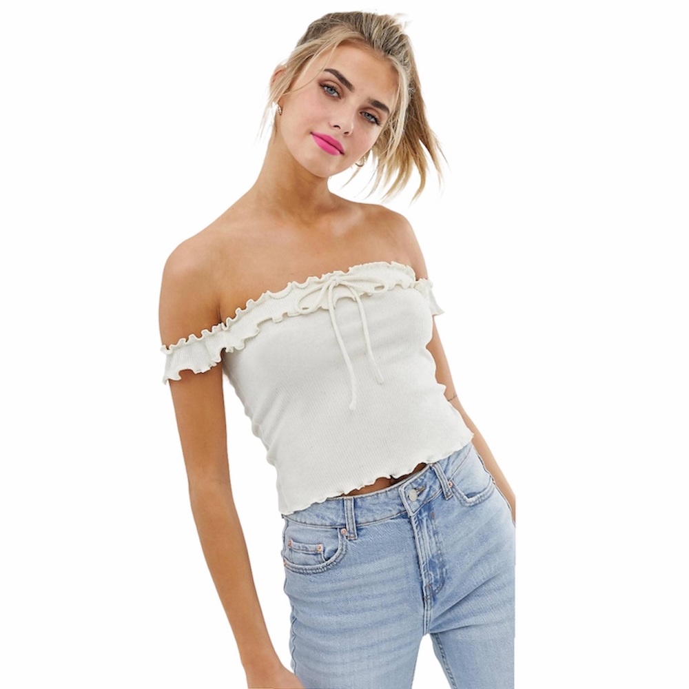 Bershka White Ribbed off the shoulder crop top